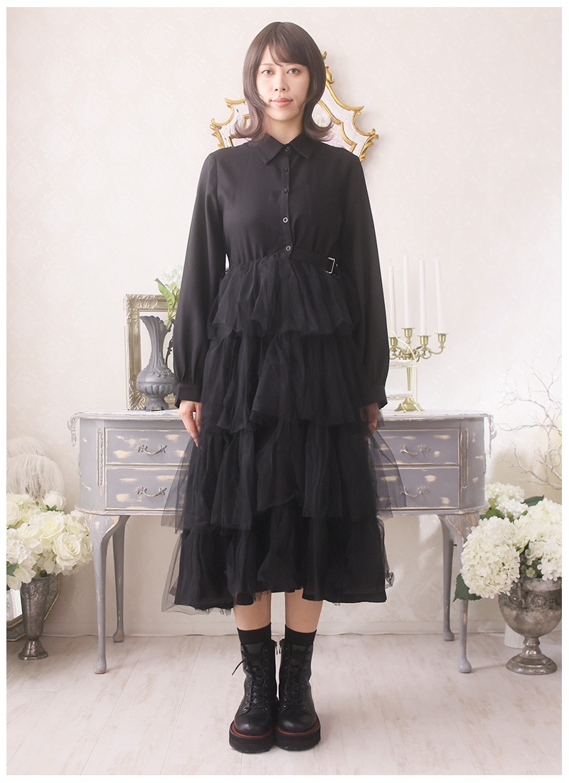 美品☆J& M DAVIDSON シャツワンピース　半袖　ティアード　黒 最短即日出荷】シャツワンピース ミモレ丈 シースルー チュール