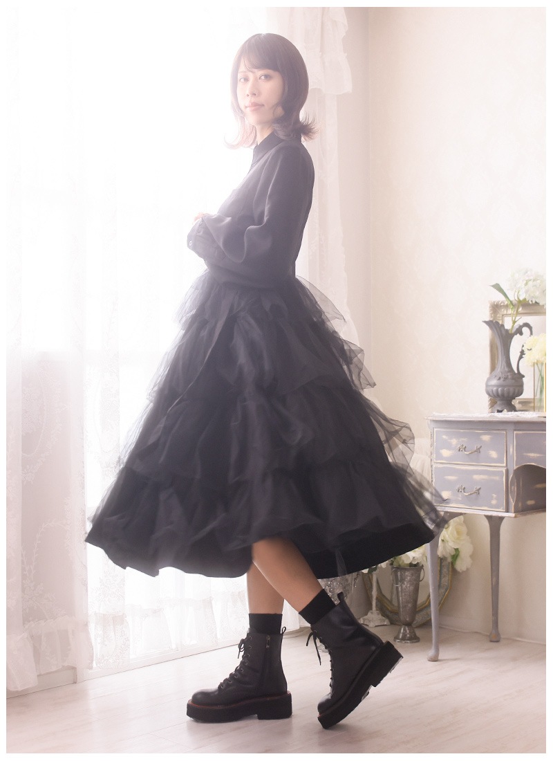 最短即日出荷】シャツワンピース ミモレ丈 シースルー チュール