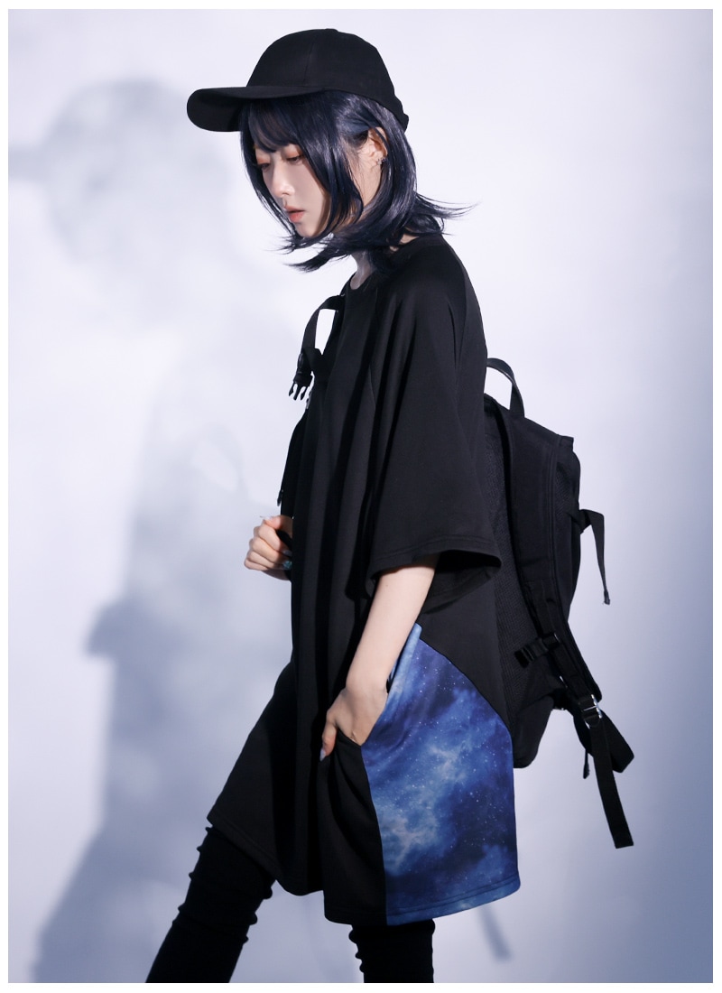 希少 宇宙柄 アートトップス ノースリーブ 個性的 プリーツ風 宇宙柄切替ユニセックスTシャツ ｜ Favoriteオリジナル