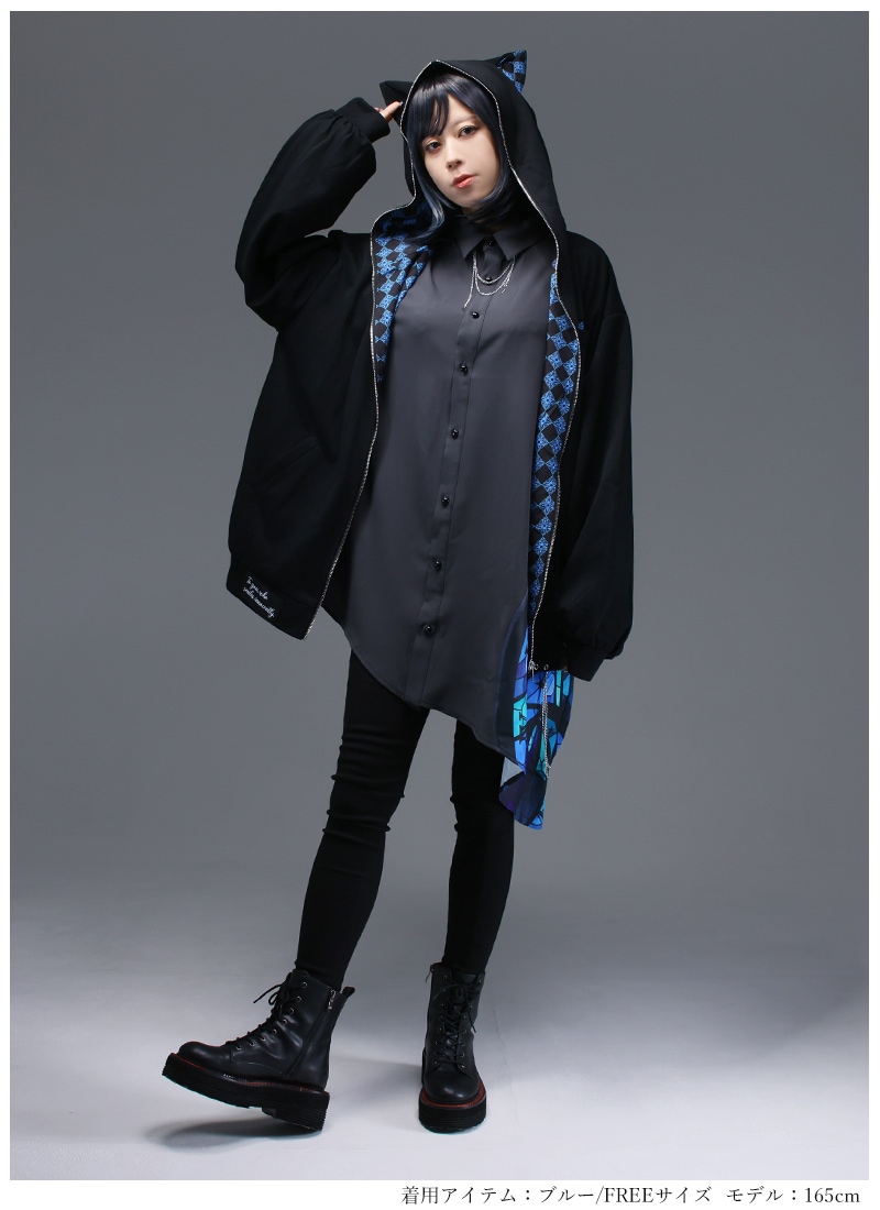 PUTUMAYO チェシャ猫パーカー② リボン　猫耳　ブラック　ダブルジップ 神秘の狭間で笑うチェシャ猫～猫耳パーカー ｜ Favoriteオリジナル