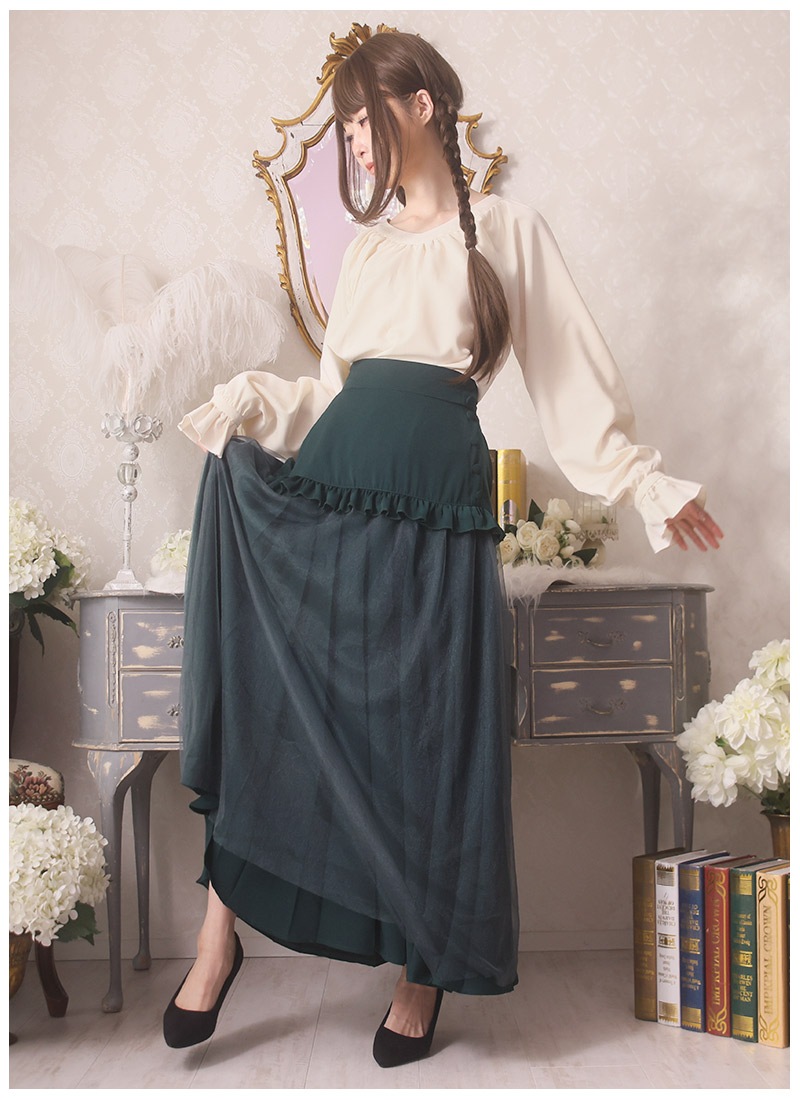 バックリボンシャツとオーガンジースカートの大人優雅コーデセット