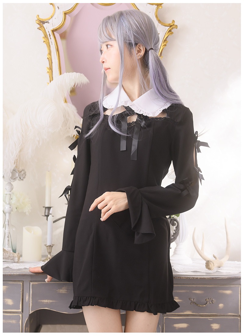 【希少】ロゴリボンルームワンピース 黒 最短即日出荷】ワンピース ミニ丈 ショート丈 ゴシック リボン
