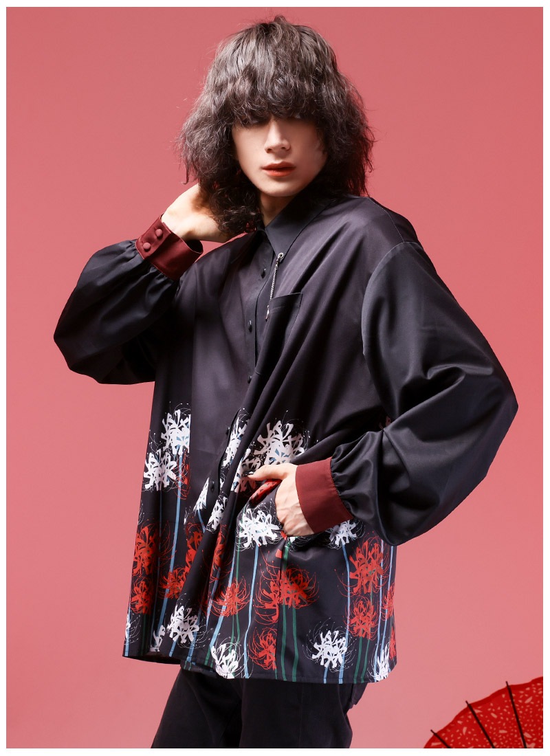 Favorite　彼岸の花咲く和袖シャツ　黒 一面に咲く彼岸花シャツ ｜ Favoriteオリジナル