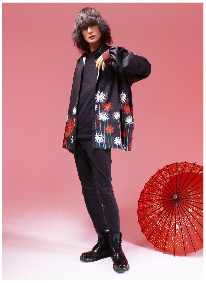 Favorite　彼岸の花咲く和袖シャツ　黒 一面に咲く彼岸花シャツ ｜ Favoriteオリジナル