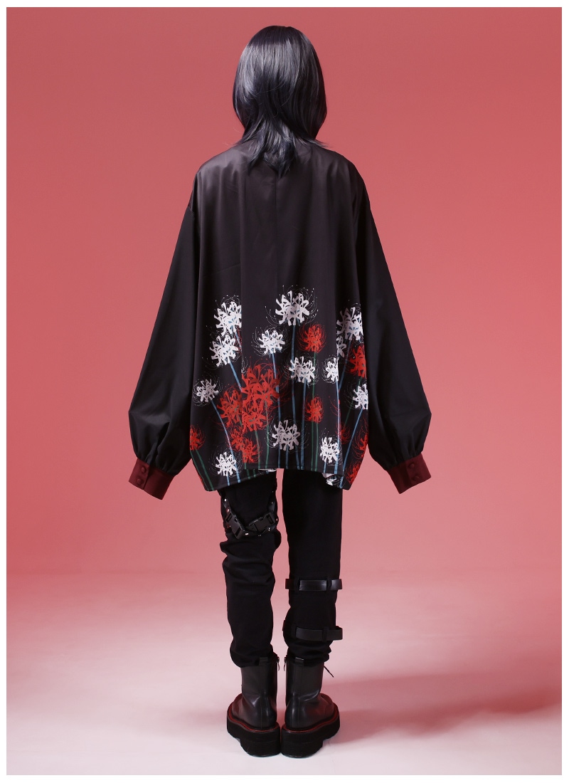 Favorite　彼岸の花咲く和袖シャツ　黒 一面に咲く彼岸花シャツ ｜ Favoriteオリジナル
