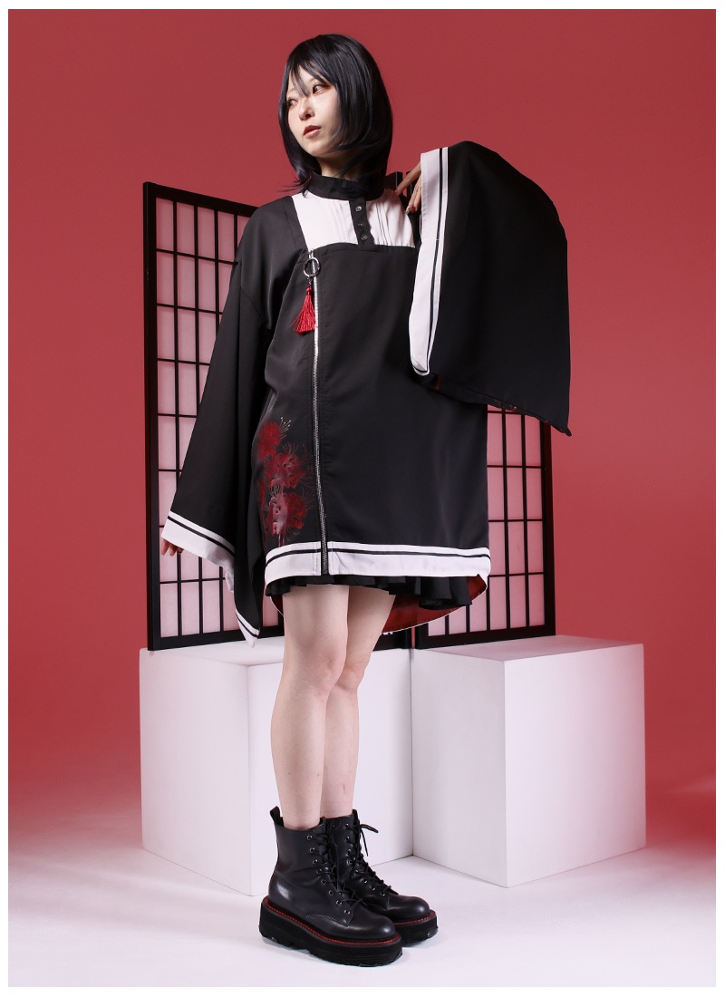 favorite 和袖 彼岸花 道行コート風 彼岸花の和袖ドッキングシャツ Favorite