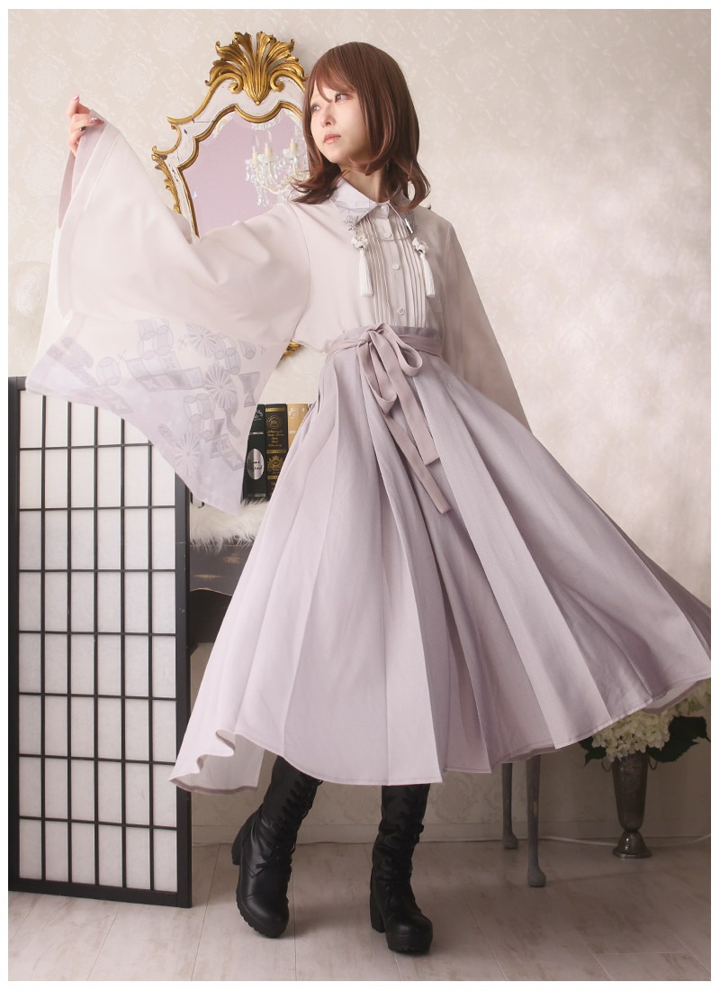 モノトーン和袖シャツ×袴風スカートセット シャツ スカート 3点