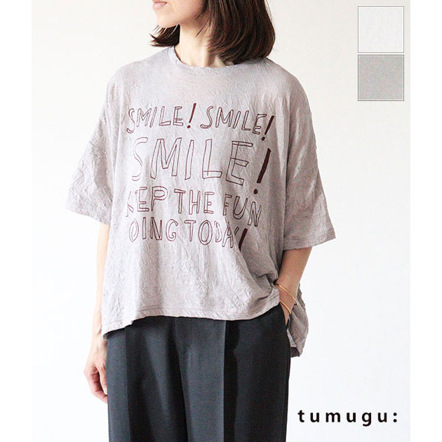 ​タグ付 ダーマプレミアム リネン100% 金ラメ刺繍 チュール重ねシャツ 高級 2026SS】【ネコポス発送】tumugu[ツムグ] ワッシャーライトプリントT