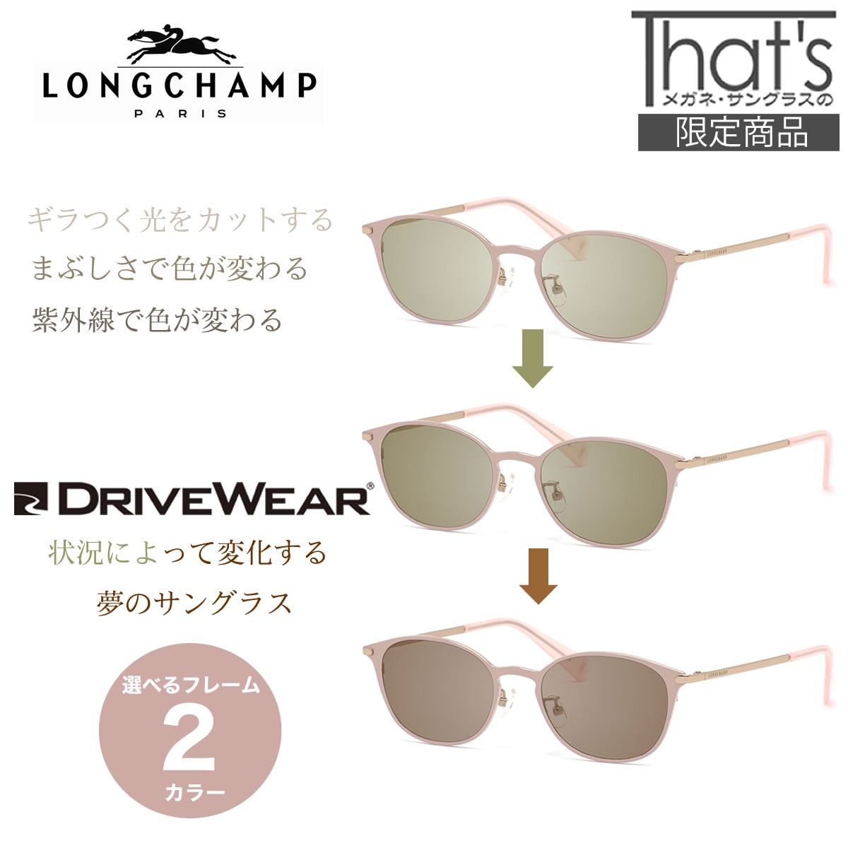 ロンシャン LONGCHAMP サングラス ドライブウェアセット LO2504J DW 48サイズ 偏光 調光 サングラス 色が変わる まぶしさ 紫外線カット 2WAY 安全 健康 運転 車 レディース [OS]