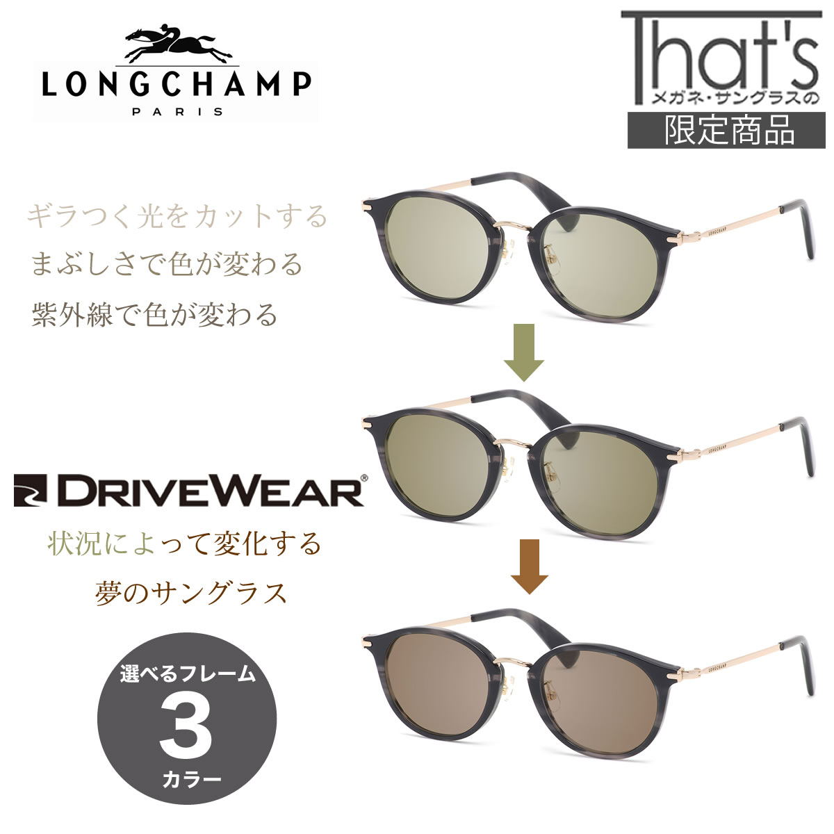 ロンシャン LONGCHAMP サングラス ドライブウェアセット LO2650J DW 48サイズ 偏光 調光 サングラス 色が変わる まぶしさ 紫外線カット 2WAY 安全 健康 運転 車 レディース [OS]