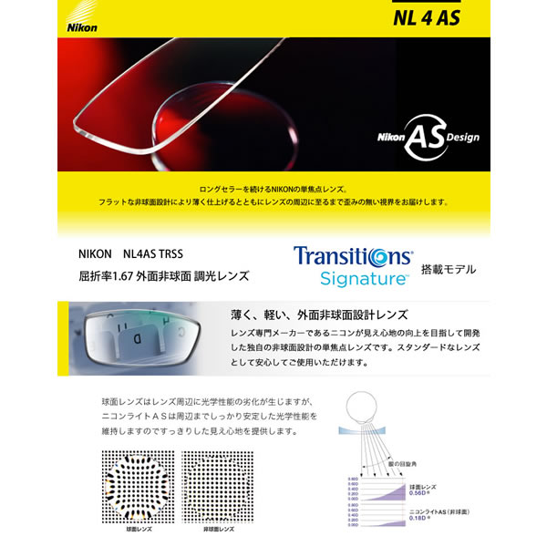 NL4 AS TRSS NIKON ニコン レンズ トランジションズ シグネチャー 搭載 1.67 外面非球面 調光 度付き