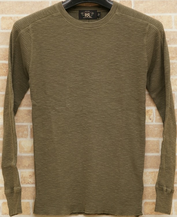 ワッフルニット 長袖Tシャツ【RRL】ヴィンテージ風 柔らか Olive ダブルアールエル) RRL ワッフルニット コットン サーマル