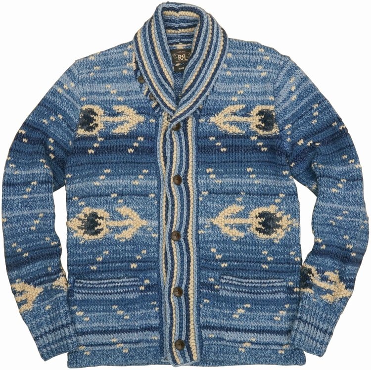 (ダブルアールエル) RRL 手編み ハンドニット ショールカラー カーディガン インディゴ 本藍染め メンズ Hand Knit Indigo  Cardigan--GARYU- ラルフローレン・RRL通販サイト