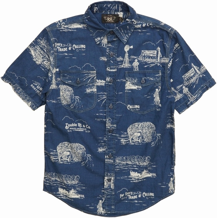 ダブルアールエル) RRL インディゴ プリント ワーク シャツ 本藍染め