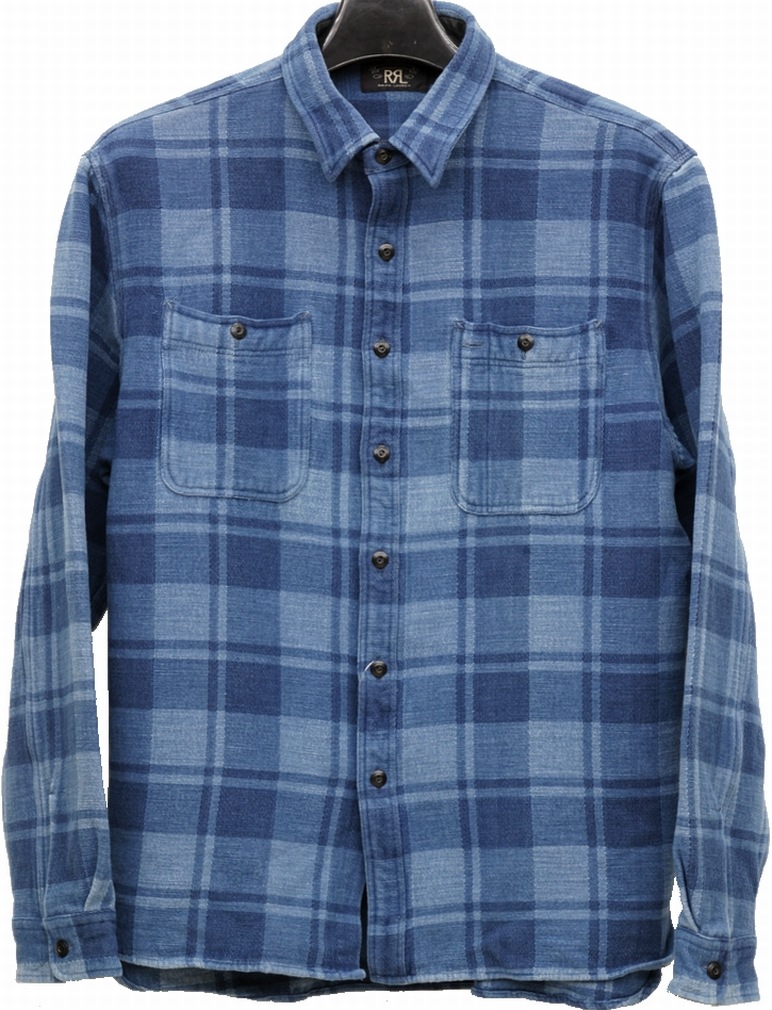 RRL ダブル ストライプド エル）の「インディゴ アール RRL（ダブル ダブルアールエル ワークシャツ サテン コットン インディゴ 本藍染め トップス