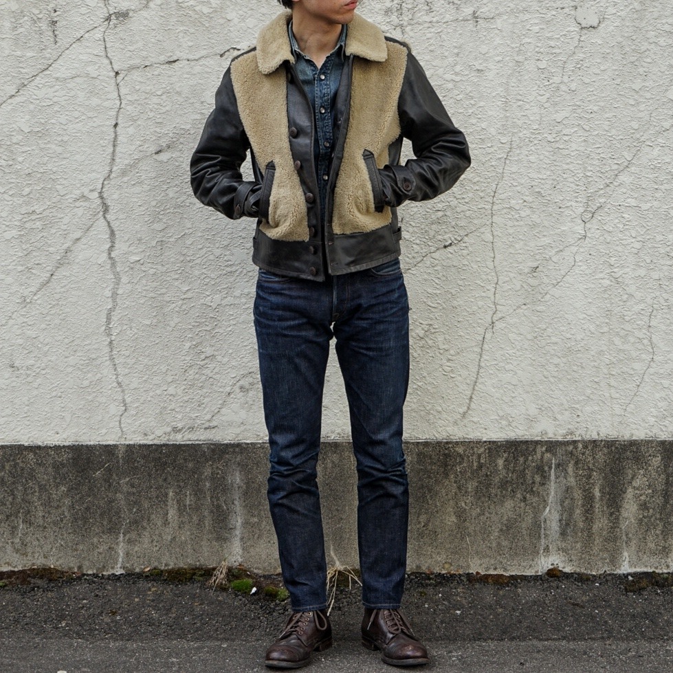 (���֥륢���륨��) RRL Virgil ������� �쥶�� ��� ���㥱�å� ������� �֥�å� ��� Shearling Leather Moto Jacket