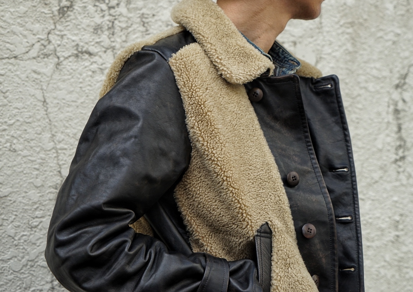 (���֥륢���륨��) RRL Virgil ������� �쥶�� ��� ���㥱�å� ������� �֥�å� ��� Shearling Leather Moto Jacket