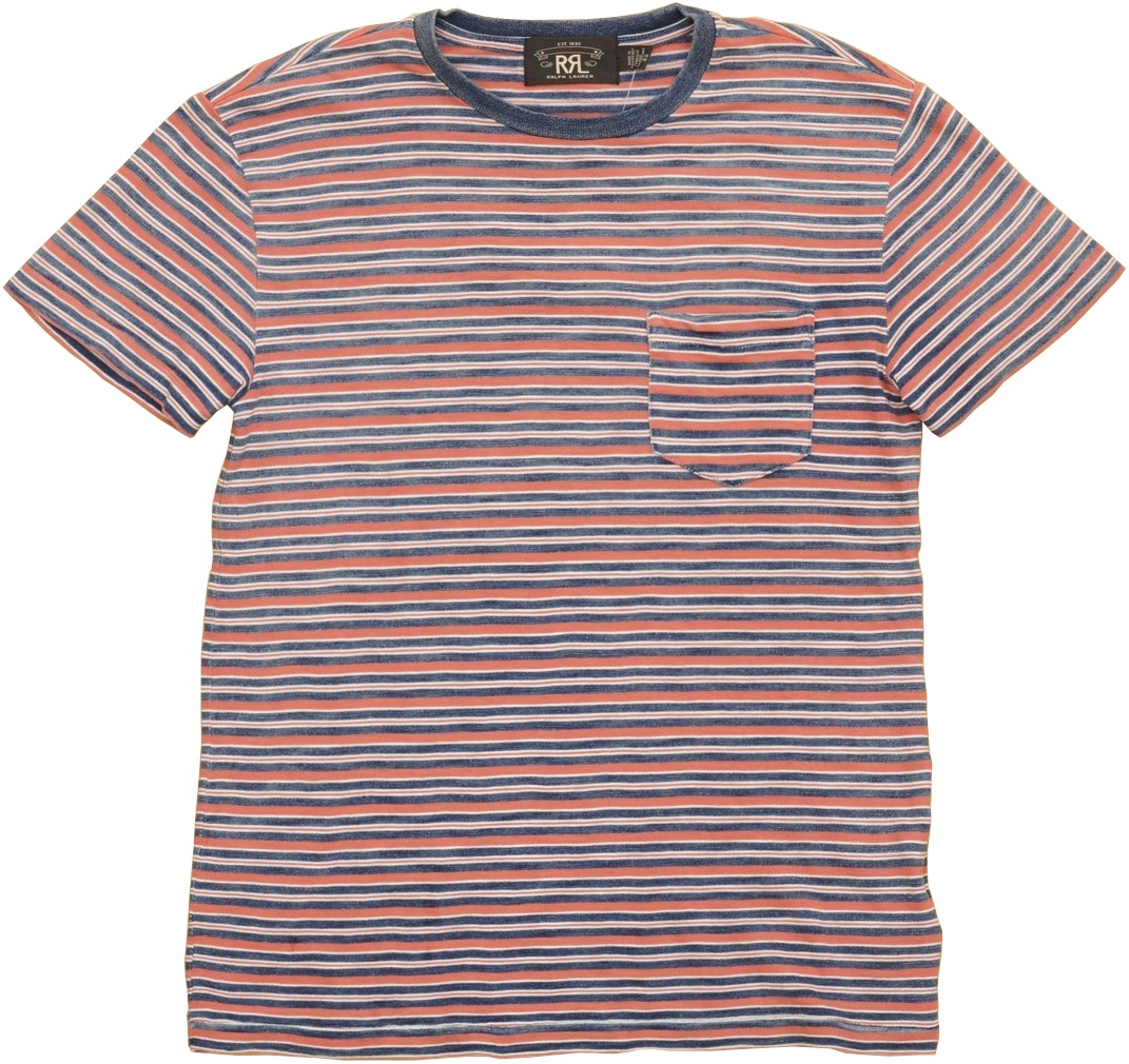 RRL / Tシャツ/L/コットン/BRW/ボーダ/ポケt ダブルアールエル) RRL インディゴ ストライプド コットン ポケット T