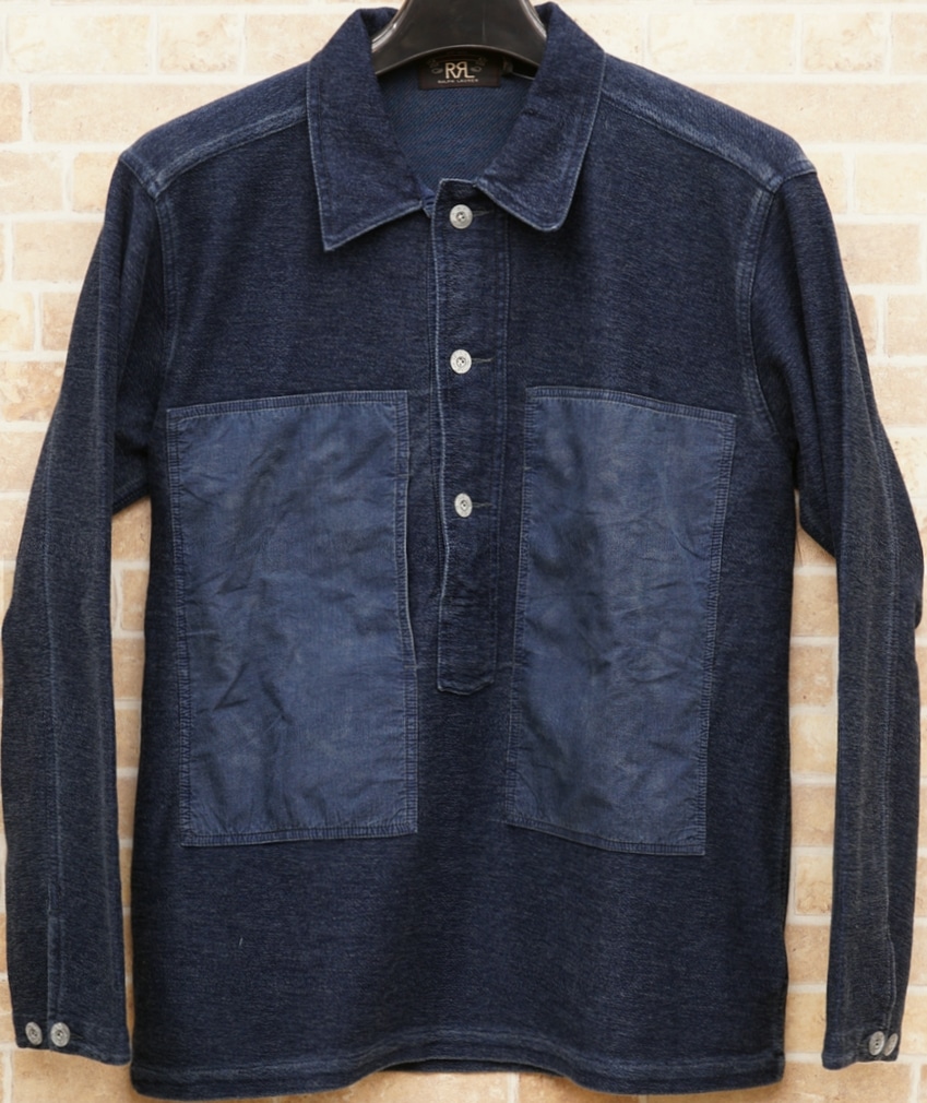 RRL ダブルアールエル インディゴ パッチワークニット シャツ ダブルアールエル) RRL インディゴ ニット コットン ワーク