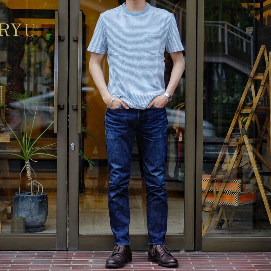 FAHERTY BRAND (�ե���ƥ� �֥���) �������� �ܡ����� �ݥ��å� T����� �饤�ȥ����å��� ����ǥ��� ��� Light Wash Indigo Stripe