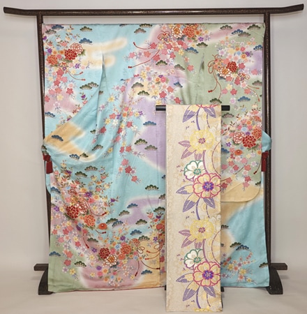 中古品　正絹振袖と袋帯セット 振袖 袋帯付き 2点セット 中古品（貸衣装品流れ） 正絹 No 3736734K
