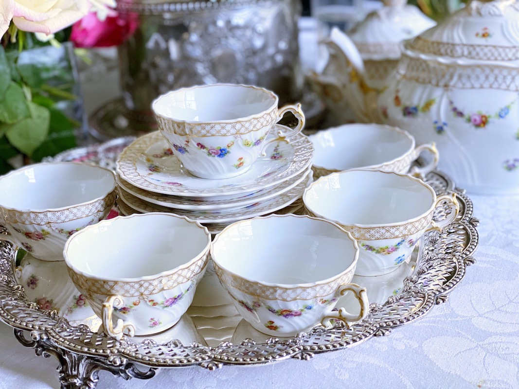 ������ɡ����Υꡡ�ե����ĥ����鯤Ⱦ��֤Υ������ɡ��ƥ������å�    Old Ginori Rose & Flowers Garland Tea Set