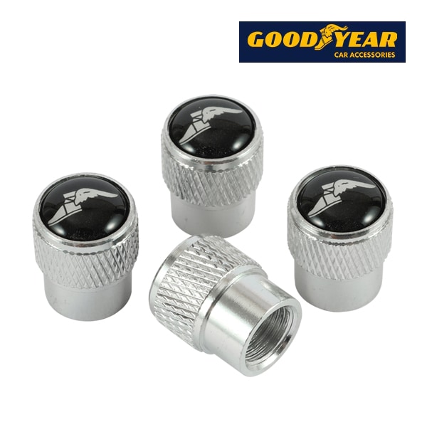GOODYEAR エアバルブキャップ 1台分 4個セット ウイングフット ホワイトロゴ シルバー 樹脂製ステッカー