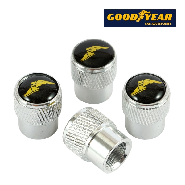 GOODYEAR エアバルブキャップ 1台分 4個セット ウイングフット イエローロゴ シルバー 樹脂製ステッカー