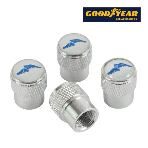 GOODYEAR エアバルブキャップ 1台分 4個セット ウイングフット ブルーロゴ シルバー 樹脂製ステッカー