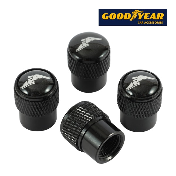 GOODYEAR エアバルブキャップ 1台分 4個セット ウイングフット ホワイトロゴ ブラック 樹脂製ステッカー 