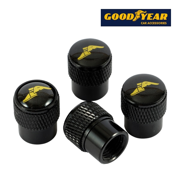 GOODYEAR エアバルブキャップ 1台分 4個セット ウイングフット イエローロゴ ブラック 樹脂製ステッカー 