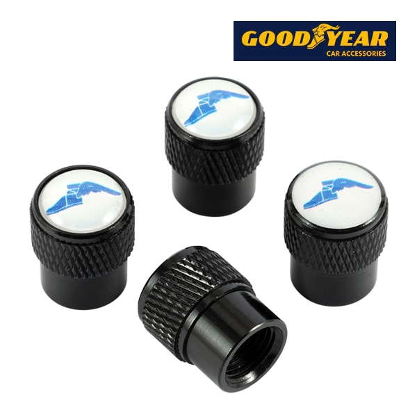 GOODYEAR エアバルブキャップ 1台分 4個セット ウイングフット ブルーロゴ ブラック 樹脂製ステッカー