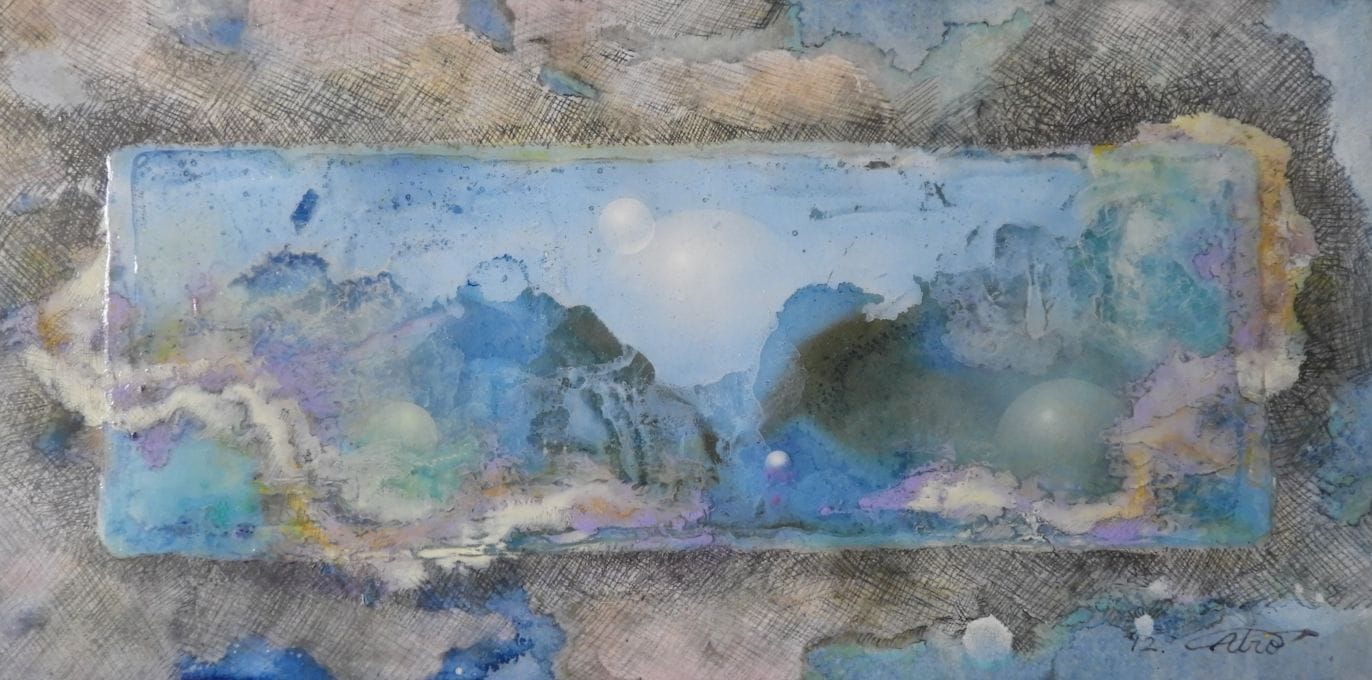 【1234】パトラムーン　アクリル画　ウロ四宮　球体　宇宙観　サイズ：縦２０ｃｍ×横４０ｃｍ【送料無料】