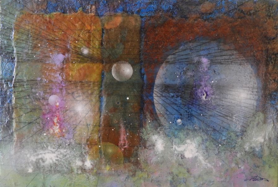 【2408】パトラムーン　アクリル画　ウロ四宮　球体　宇宙観　サイズ：縦２５．５ｃｍ×横３７．５ｃｍ【送料無料】