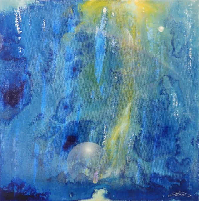 抽象的な花と地球のパステル画 A4サイズ 抽象画 A4サイズ原画アクリルペンと水彩でタイトル【笑顔の花】