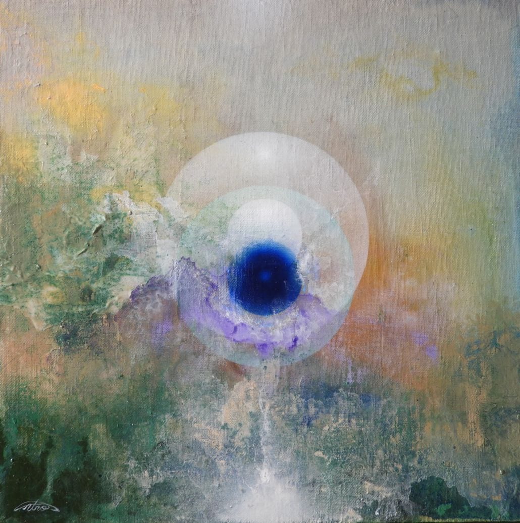 【2431】パトラムーン　アクリル画　ウロ四宮　球体　宇宙観　サイズ：縦２７．５ｃｍ×横２７．５ｃｍ【送料無料】