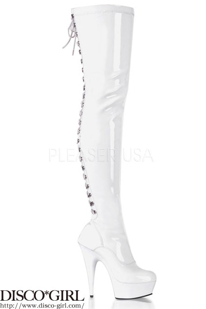 [ Pleaser プリーザー ] 編み上げサイハイロング ブーツ・エナメルホワイトDEL3063/W/M