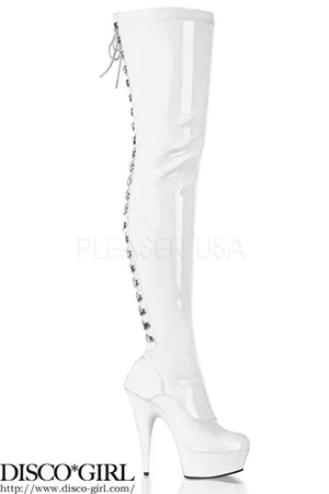 [ Pleaser プリーザー ] 編み上げサイハイロング ブーツ・エナメルホワイトDEL3063/W/M