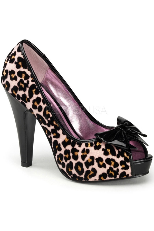 リボン付きカラーレオパードオープントゥパンプス・ベビーピンク