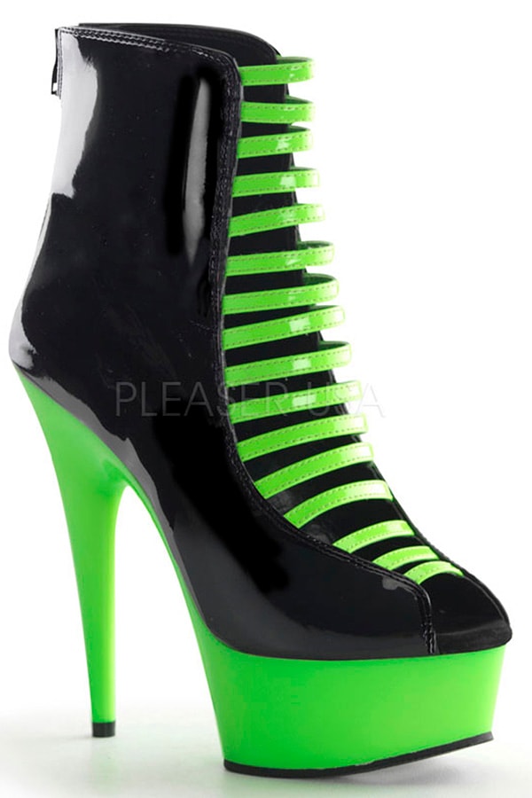 [ Pleaser プリーザー ] オープントゥショートブーツ・ブラックライムDEL600-33/B-NGN/GN