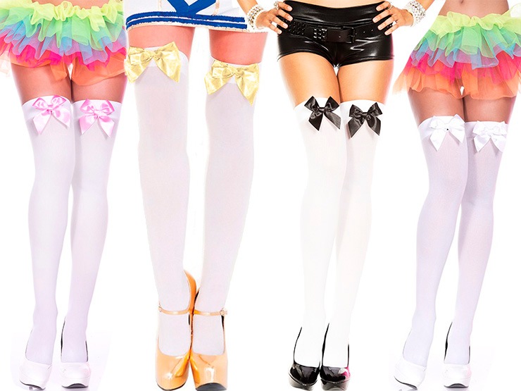 リボン付きニーハイソックス-白ベース