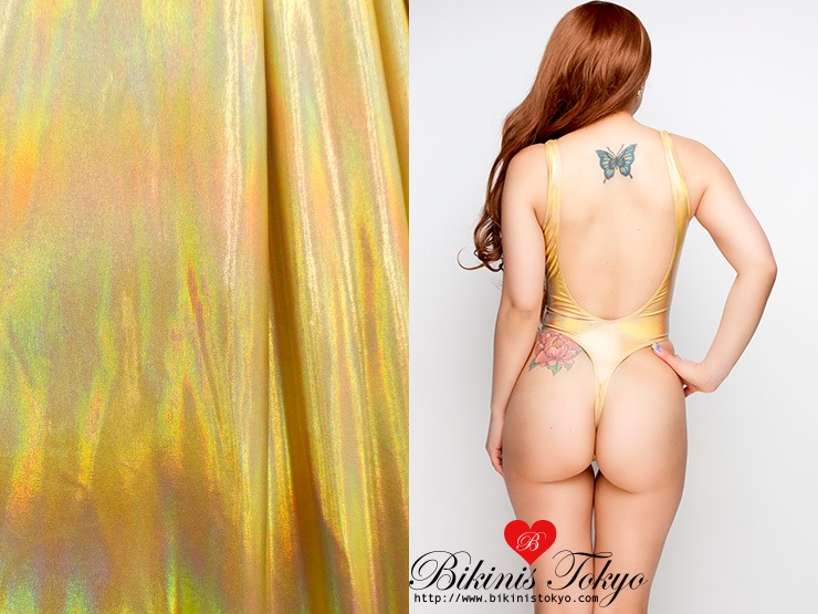 深開きTバックレオタード★MADE IN JAPAN・オーロラメタリックゴールド