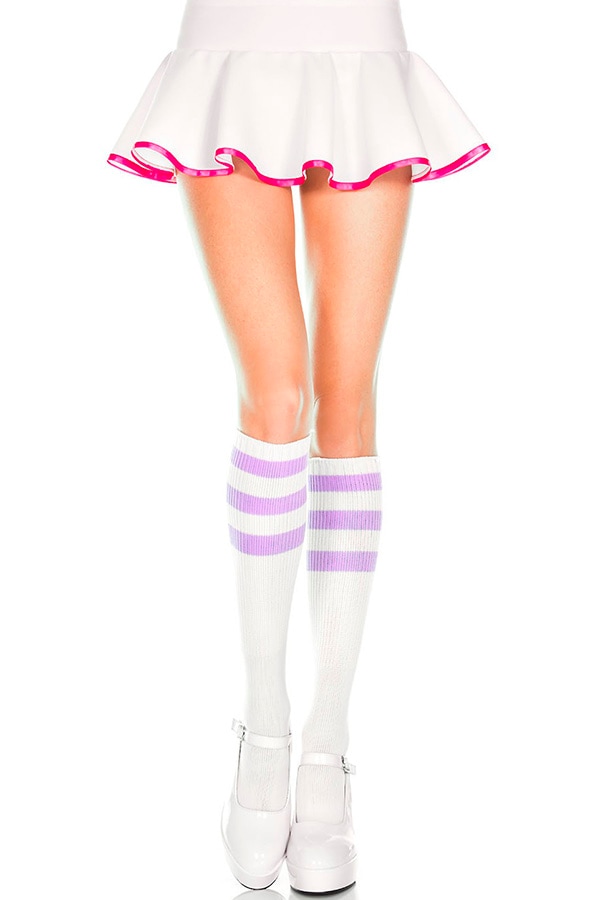 ライン入りハイソックス・ホワイトライトパープル