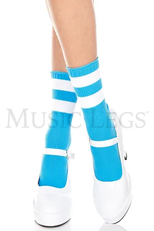 ライン入りアンクルソックス・ネオンブルーホワイト