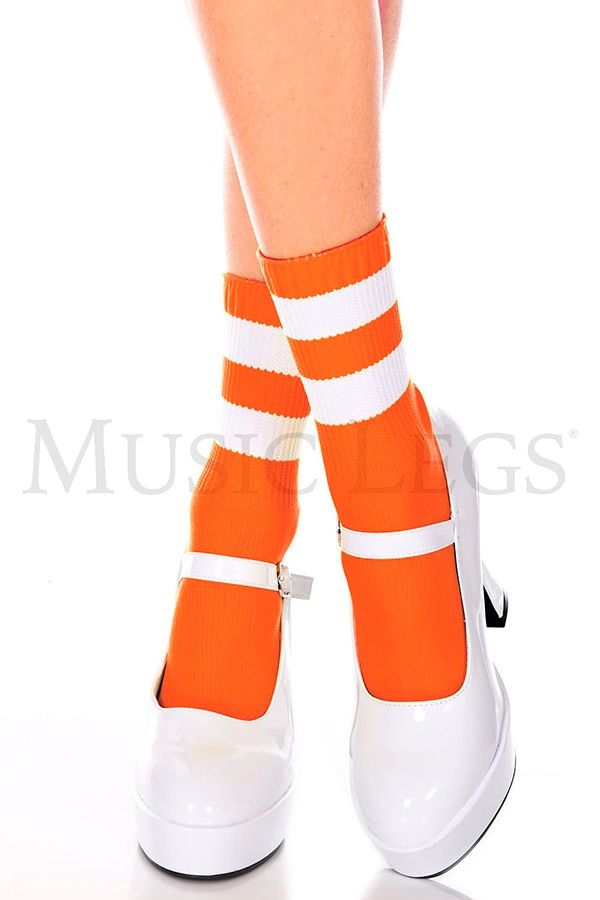 ライン入りアンクルソックス・ネオンオレンジホワイト