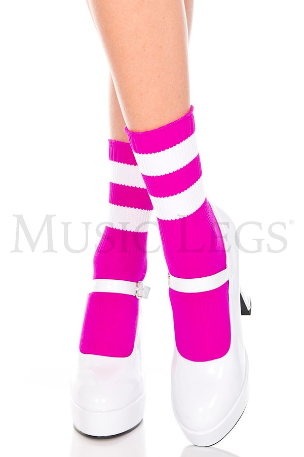 ライン入りアンクルソックス・フューシャピンクホワイト