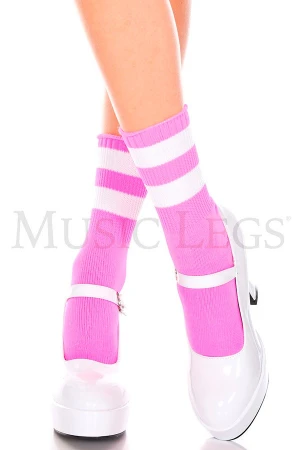 ライン入りアンクルソックス・ネオンピンクホワイト