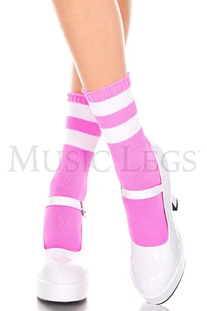 ライン入りアンクルソックス・ネオンピンクホワイト
