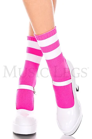 ライン入りアンクルソックス・ホットピンクホワイト