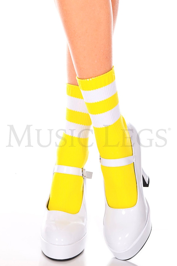 ライン入りアンクルソックス・ネオンイエローホワイト